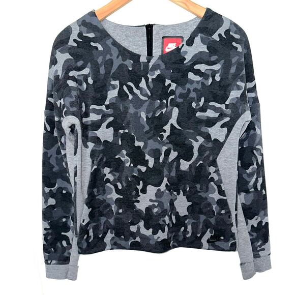 Nike Tech Cropped Carbon Heather Black Camo Crewneck Sweatshirt Size Small - Picture 2 of 16